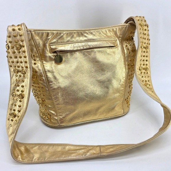 Dawli Handbags Handbags - Vintage Dawli Leather Handbag Gold Metallic Studded Hobo Shoulder Bag USA 80s